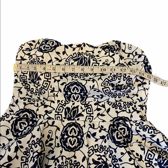 White & Navy Sateen Printed Strapless Party Dress - Picture 10 of 12